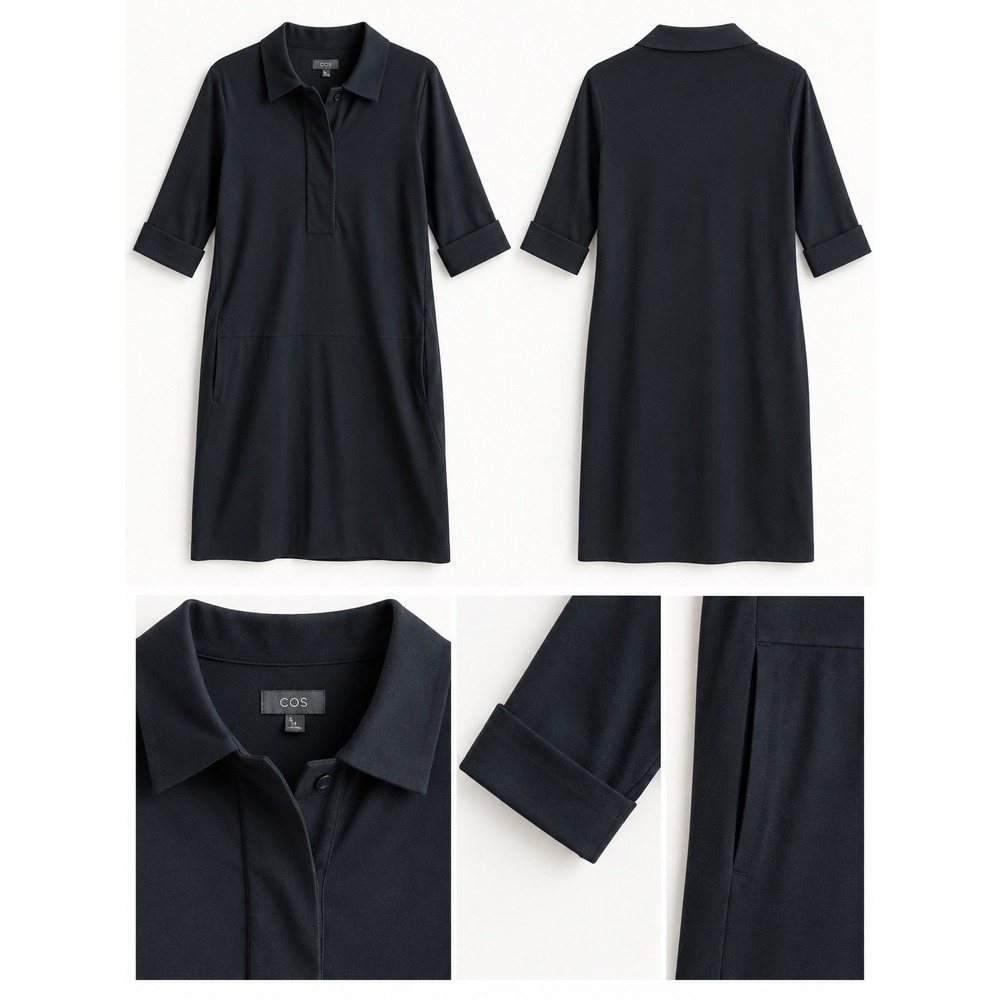 COS Black Wool Blend Polo Shift Dress with Pockets Size 6 Short Sleeve